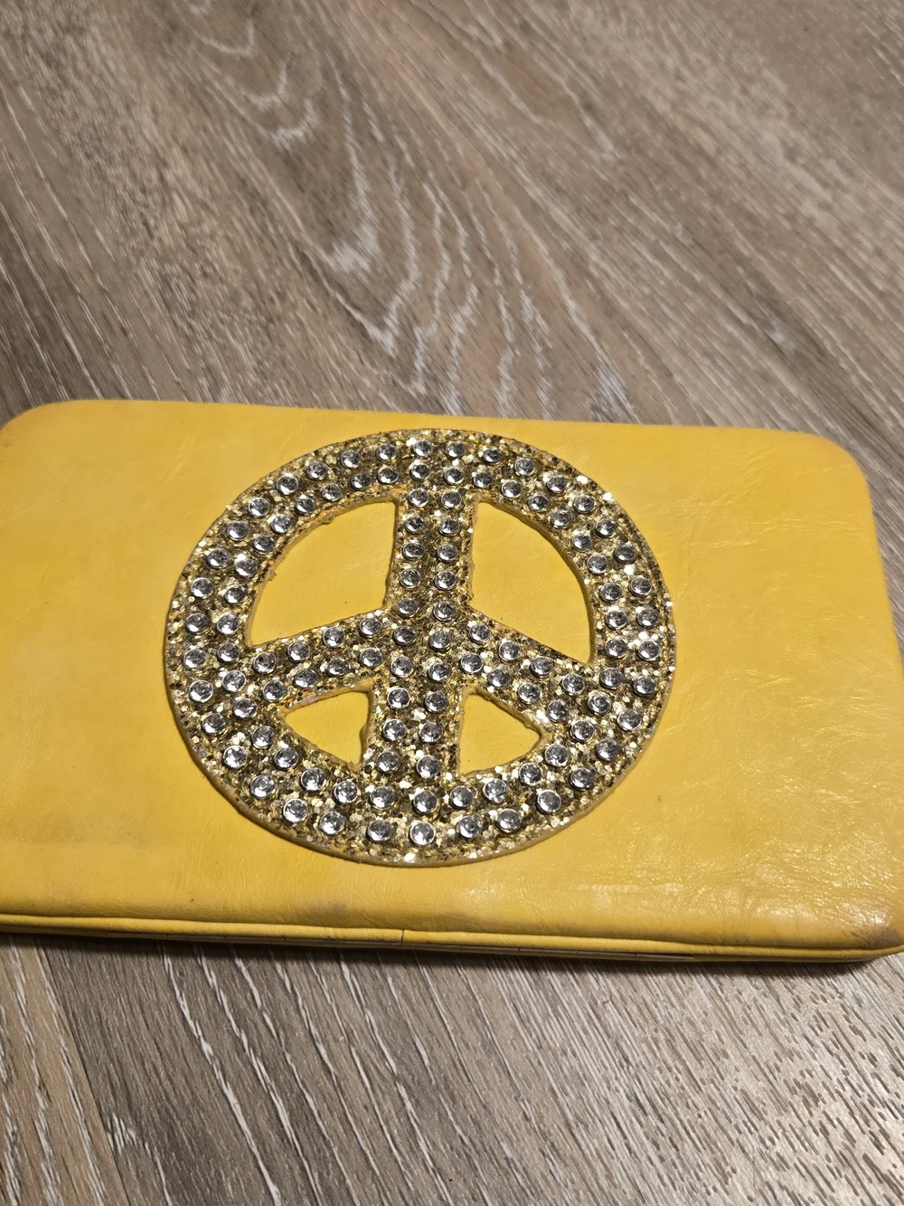 Vintage Yellow Crystal Peace Sign Clutch Wallet With Bling - Women Accessories